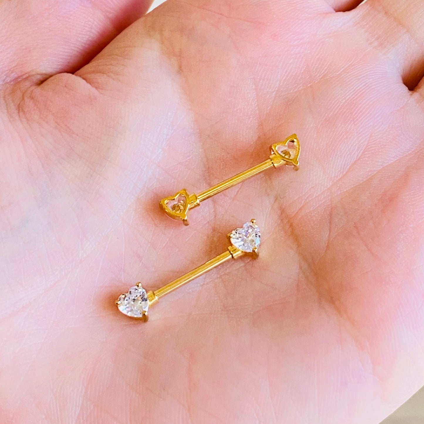 Gold Ion Plated Prong Set Heart CZ Nipple Barbell