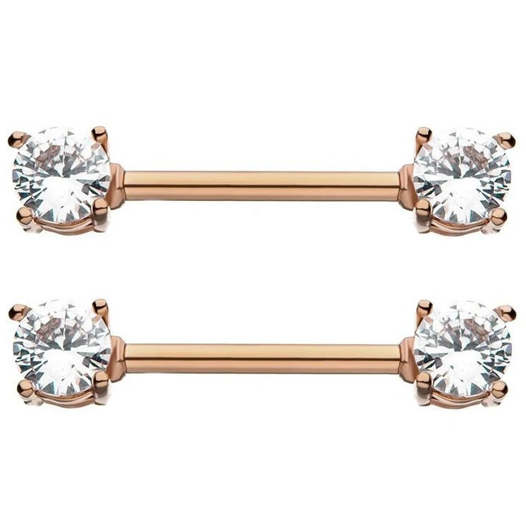 Rose Gold Steel Prong Set CZ Ion Plated Nipple Barbell