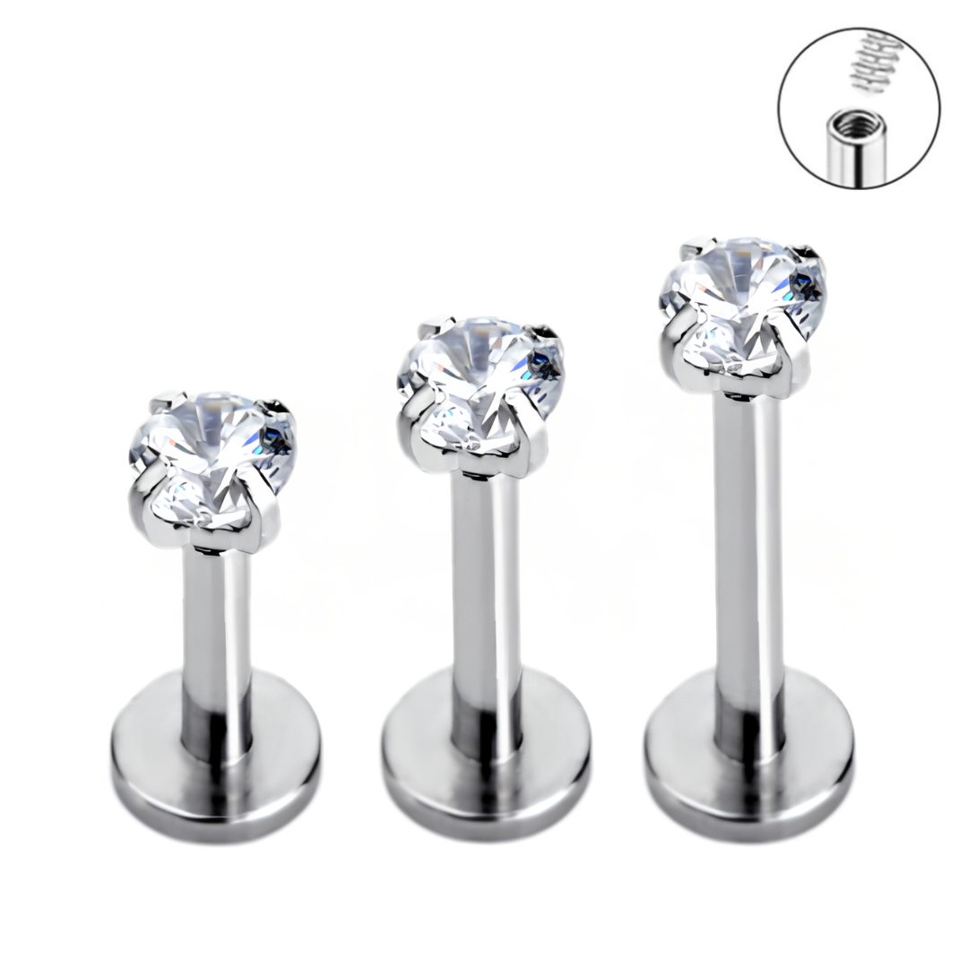 16G Internally Threaded Round CZ Prong Set Tragus Labret