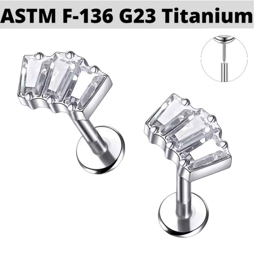 G23 Titanium Threadless Push In 3 Baguette CZ Cluster Labret