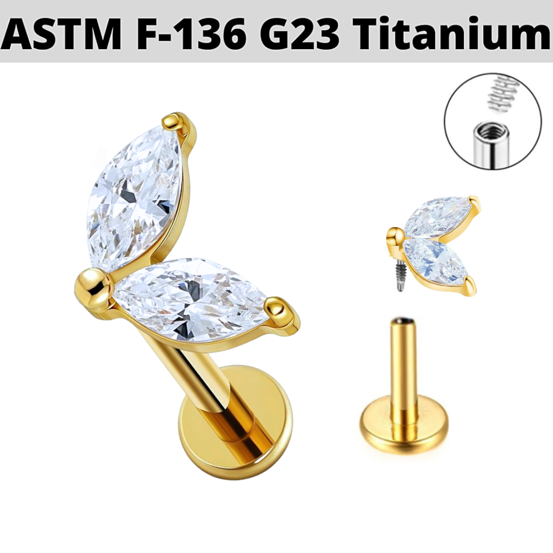 G23 Gold PVD Titanium Internally Threaded 2 Marquise CZ Labret