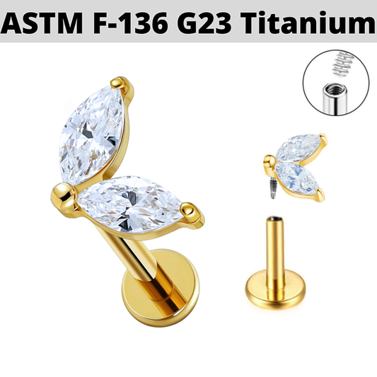 G23 Gold PVD Titanium Internally Threaded Double Marquise CZ Labret
