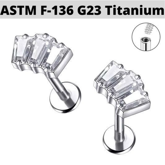 G23 Titanium Internally Threaded 3 Baguette CZ Cluster Labret
