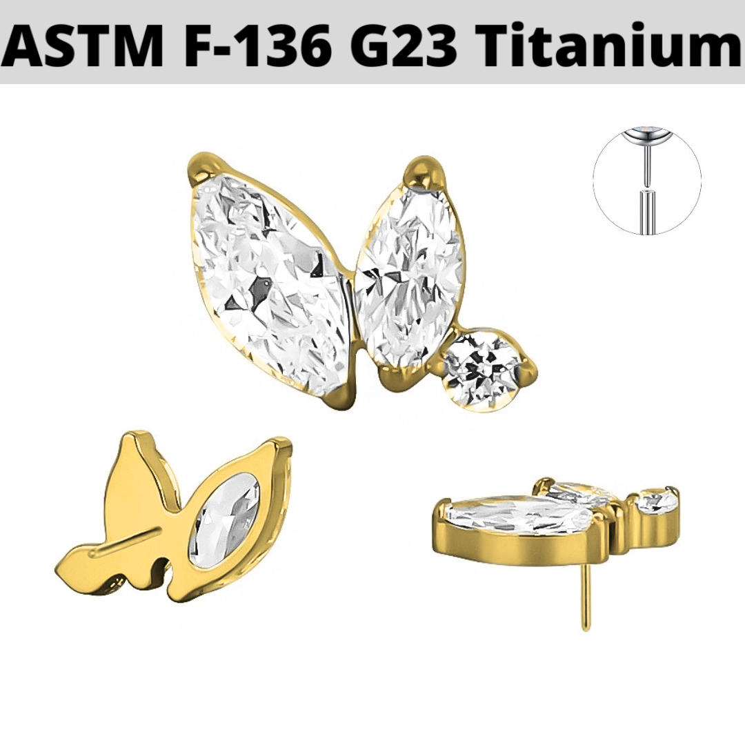 G23 Gold PVD Titanium Threadless 2 Marquise Round CZ Top