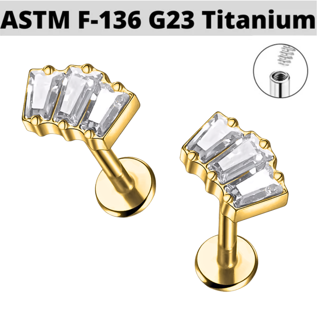 G23 Gold PVD Titanium Internally Threaded 3 Baguette CZ Cluster Labret