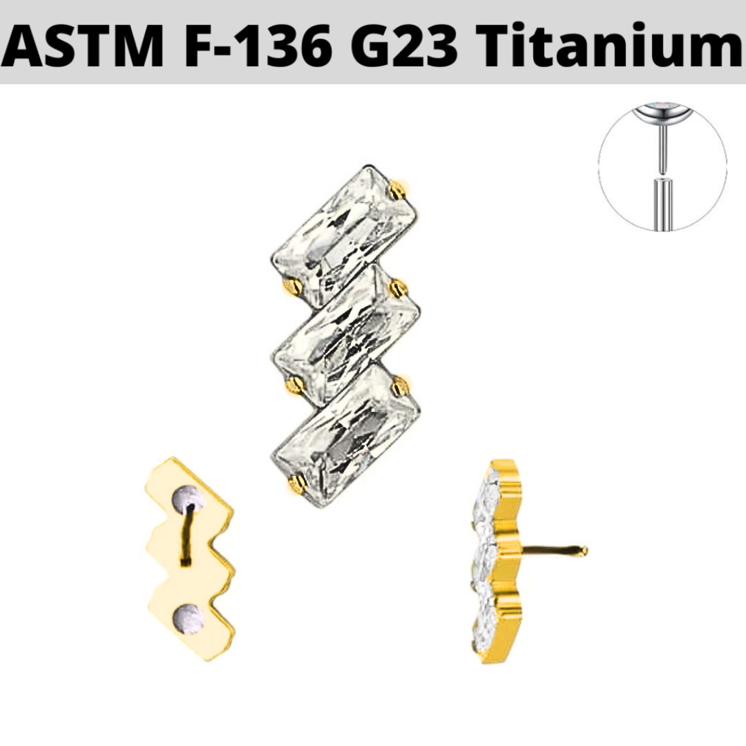 G23 Gold PVD Titanium Threadless Triple Slanted Baguette CZ Top