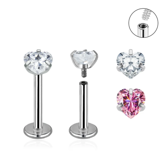 Internally Threaded Prong Set Heart CZ Labret Tragus