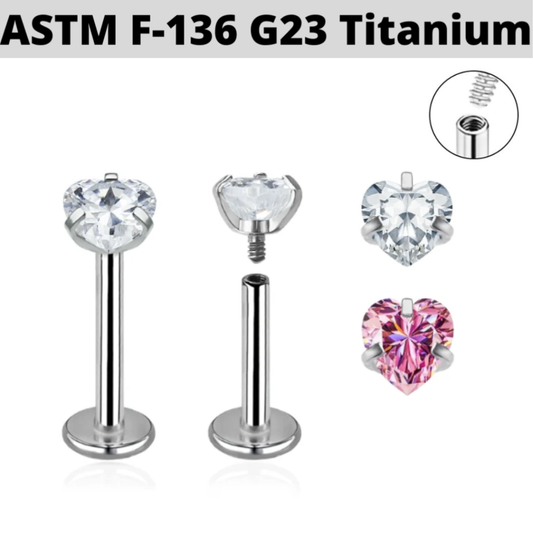 G23 Titanium Internally Threaded Heart CZ Prong Set Tragus Labret