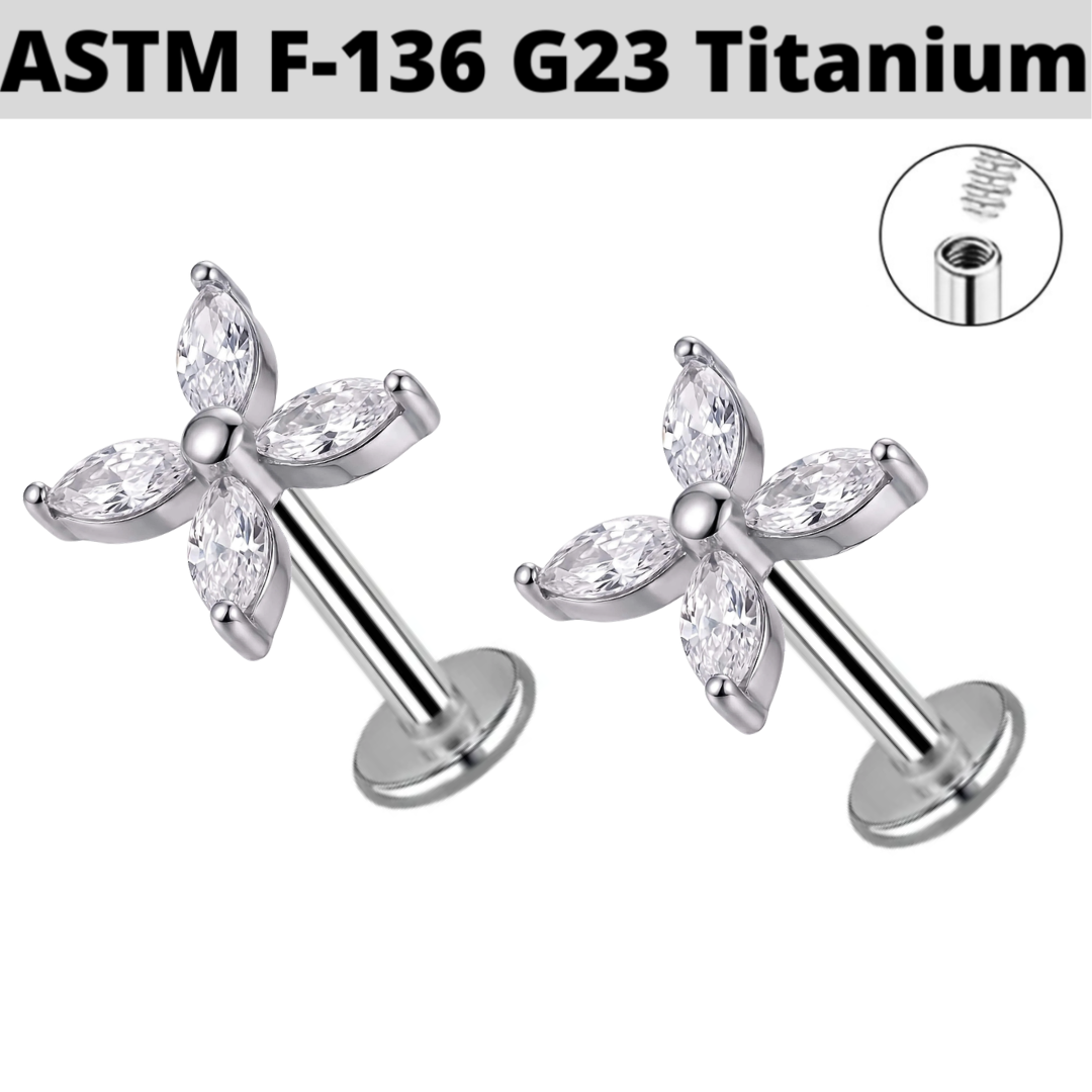 G23 Titanium Internally Threaded 4 Marquise CZ Petal Flower Labret