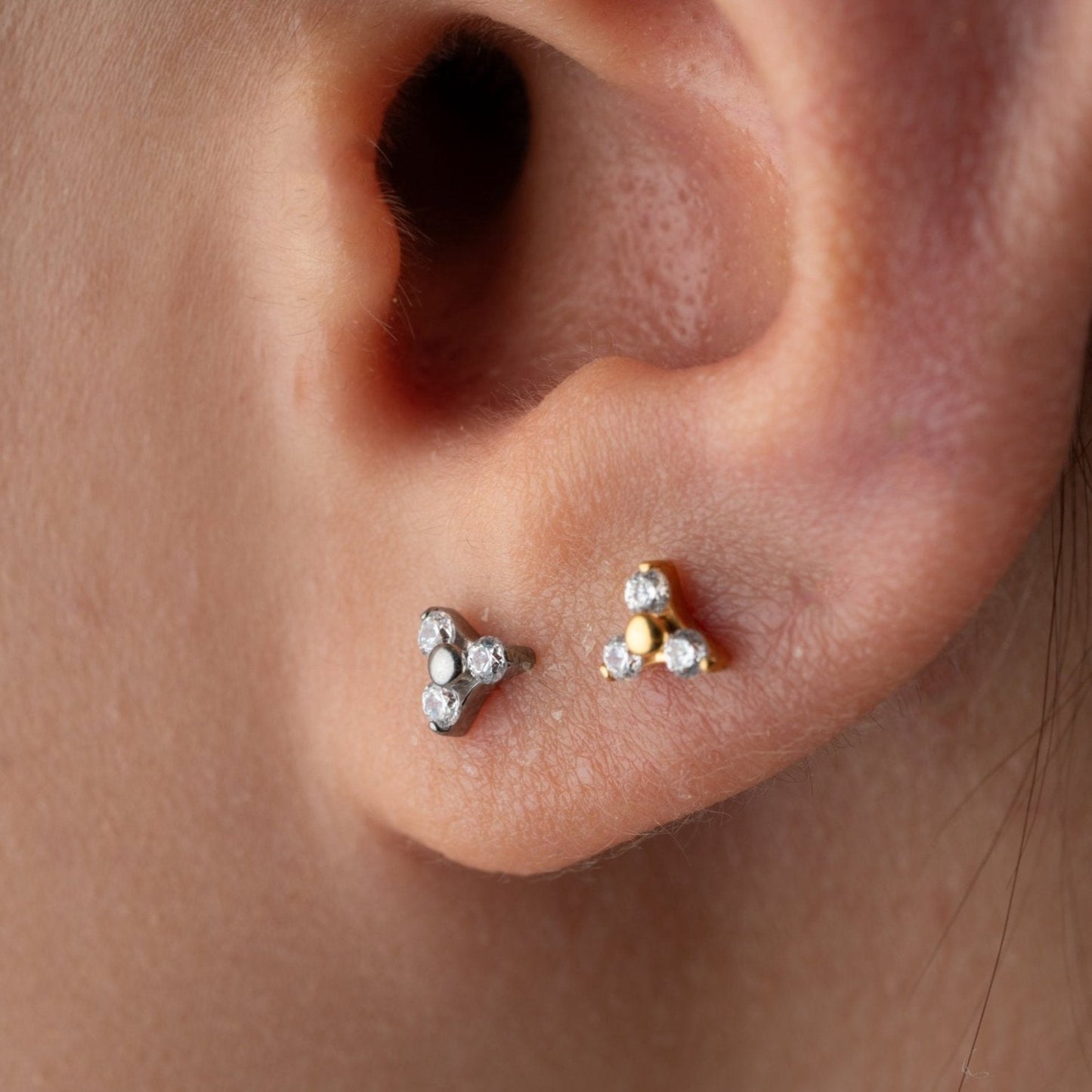 PAIR of G23 Gold PVD Titanium Prong Set Trinity CZ Stud Earrings