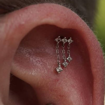 Steel Threadless Push In CZ 3 Chains Dangle Tragus Labret