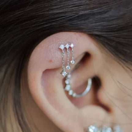 Steel Threadless Push In CZ 3 Chains Dangle Tragus Labret