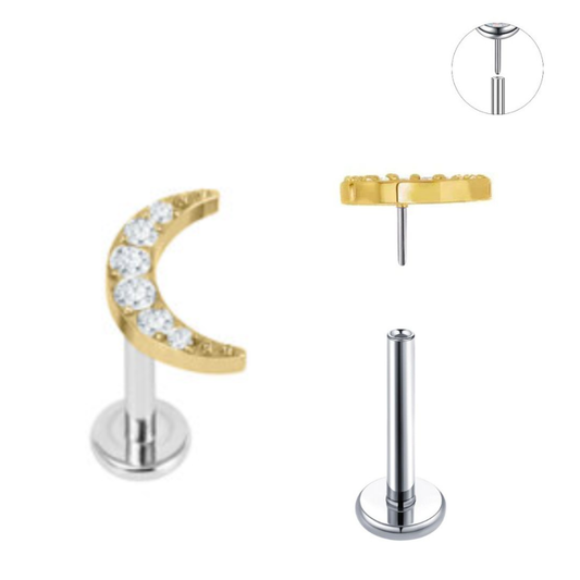 Gold Ion Plated Top Steel Threadless Push In CZ Moon Tragus Labret