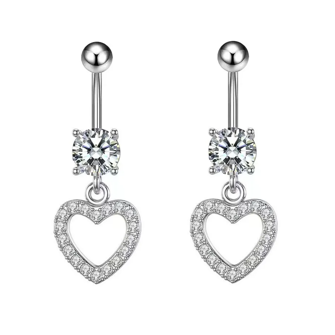 Prong Set CZ Dangle Paved CZ Heart Belly Ring
