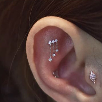 Steel Threadless Push In CZ 3 Chains Dangle Tragus Labret