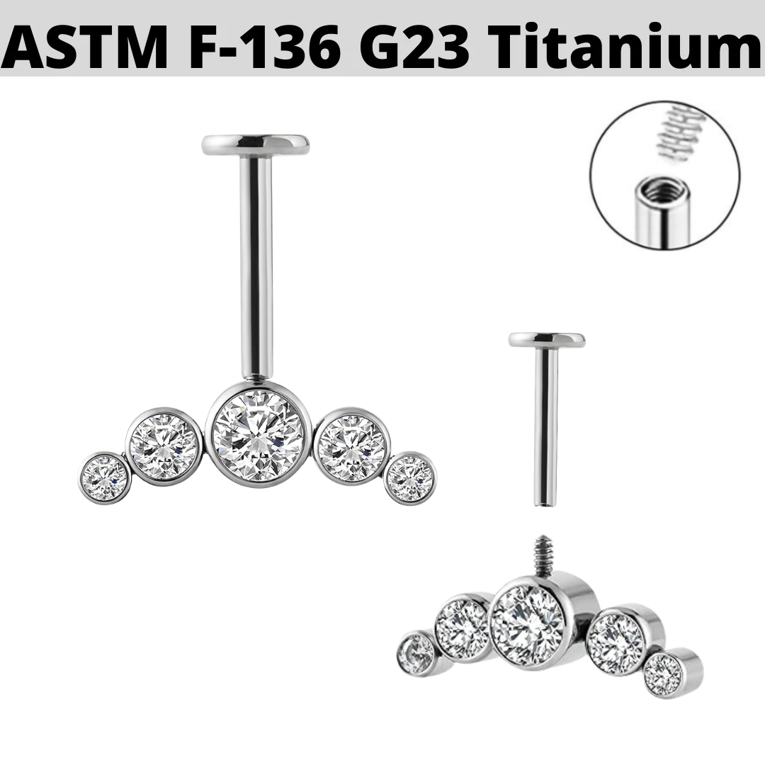 G23 Titanium Internally Threaded 5 CZ Cluster Vertical Helix Labret