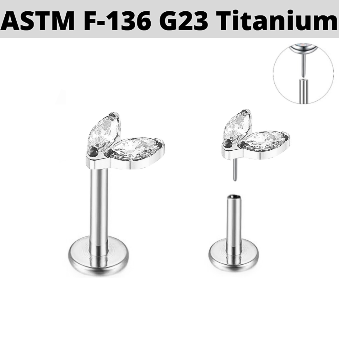 G23 Titanium Threadless Push In Double Marquise CZ Labret