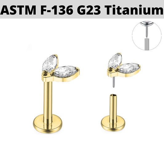 G23 Gold PVD Titanium Threadless Push In Double Marquise CZ Labret
