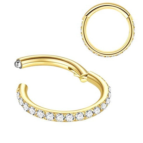 Gold Steel Paved CZ Rim Ion Plated Hinged Segment Clicker