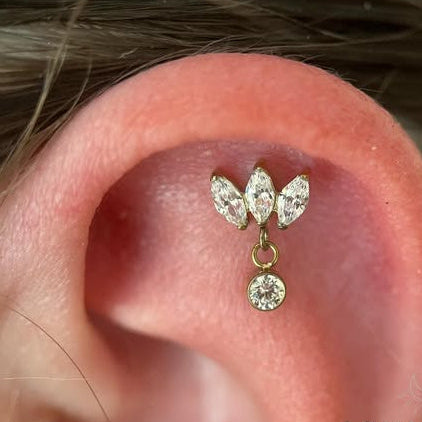 Gold Ion Plated Steel Threadless Push In 3 Marquise Fan Dangle CZ Labret