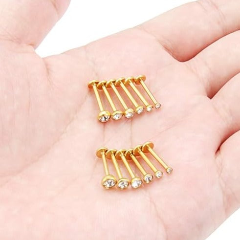 G23 Gold PVD Titanium Threadless Push In Flat CZ Tragus Labret