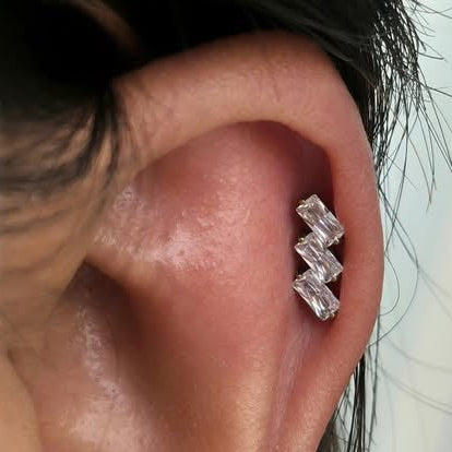 Gold Ion Plated Steel Threadless Push In 3 Slanted Baguette CZ Labret