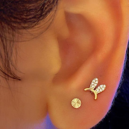 Gold Ion Plated Steel Threadless Push In CZ Bunny Ears Labret