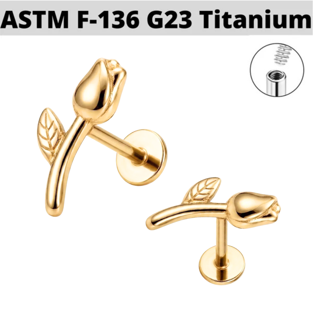 G23 Gold PVD Titanium Internally Threaded 3D Rose Tragus Labret