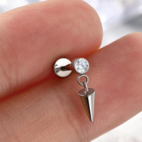 G23 Titanium Threadless Push In CZ Dangle Cone Labret