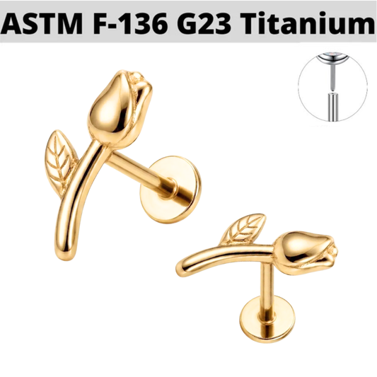 G23 Gold PVD Titanium Threadless Push In 3D Rose Tragus Labret