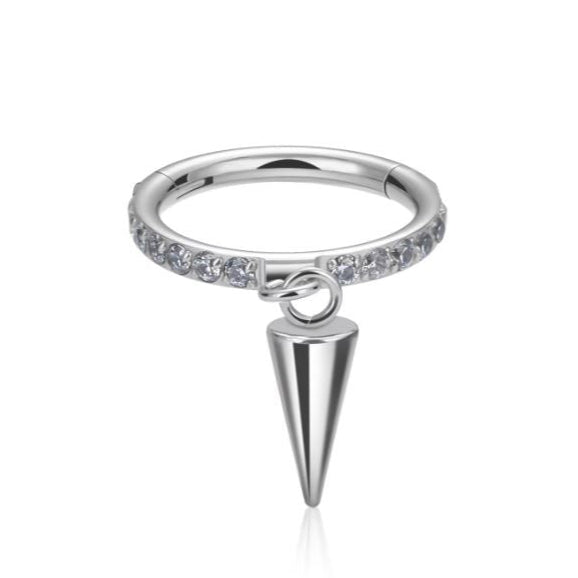 G23 Titanium Front CZ Paved Dangle Cone Hinged Clicker Segment Ring