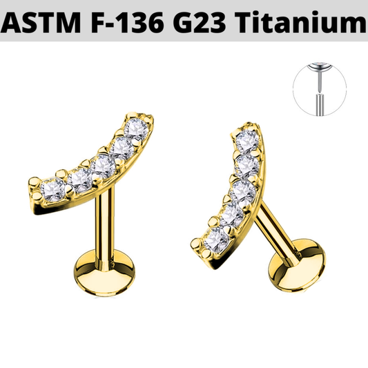 G23 Gold PVD Titanium Threadless Push In Curved Bar 5 CZ Tragus Labret