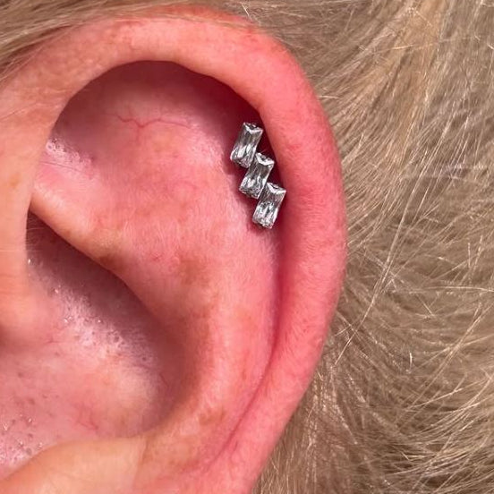 Steel Threadless Push In 3 Slanted Baguette CZ Labret