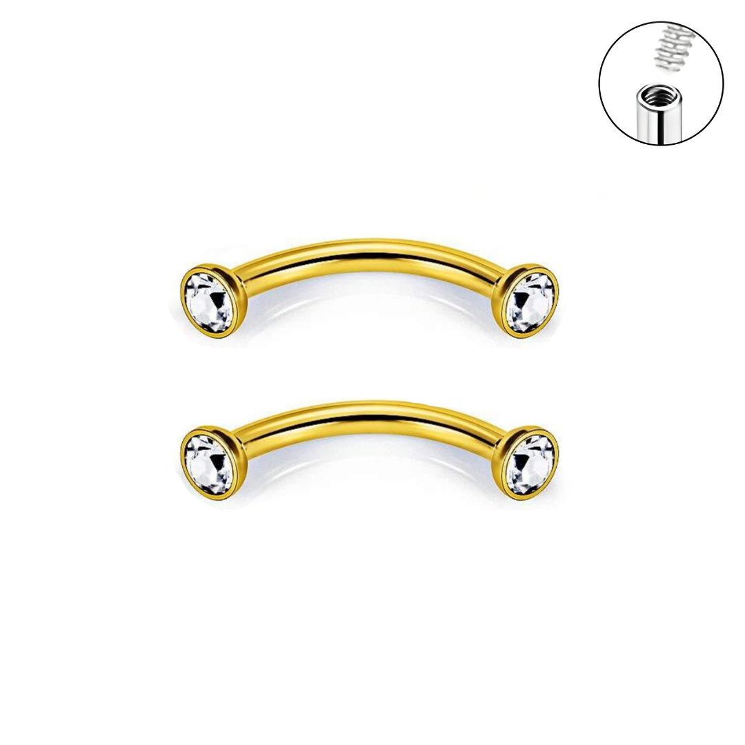 Internally Threaded Gold Ion Plated Double Flat CZ Curved Barbell