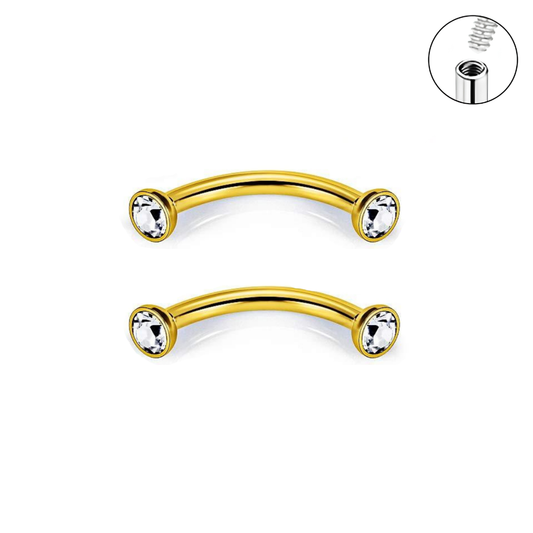 Internally Threaded Gold Ion Plated Double Flat CZ Curved Barbell