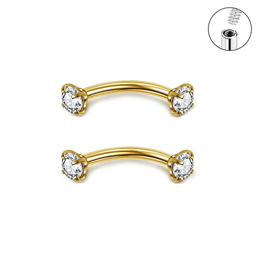Internally Threaded Gold Prong Set Double CZ Ion Plated Curved Barbell