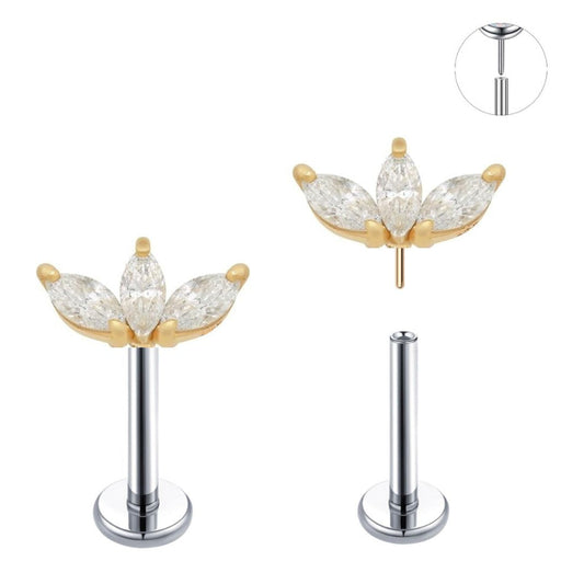 Gold Ion Plated Top Steel Threadless Push In 3 Marquise Fan CZ Tragus Labret