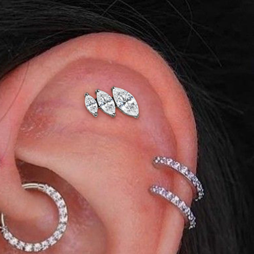 Steel Threadless Push In Triple Graduated Marquise CZ Labret