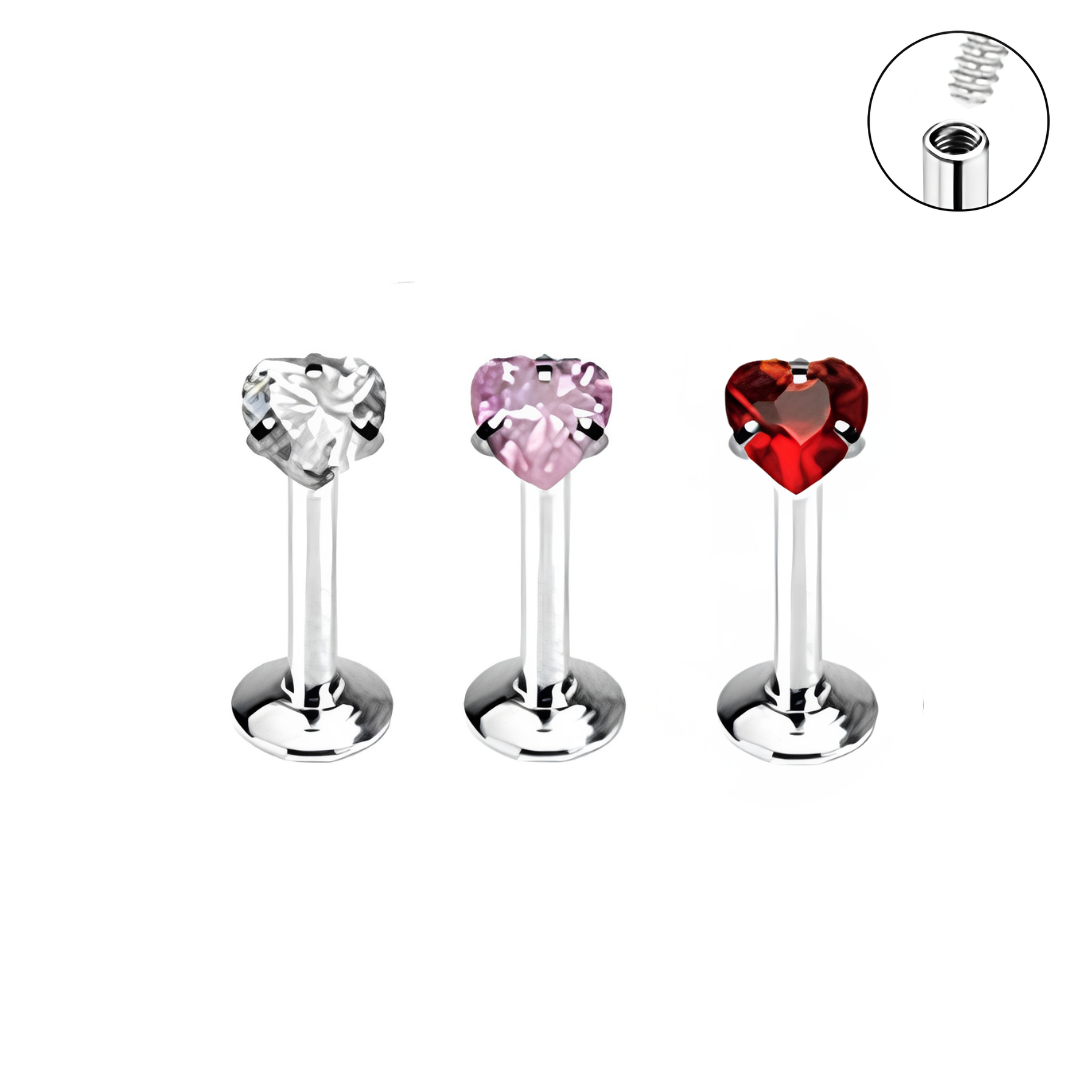 Internally Threaded Prong Set Heart CZ Labret Tragus
