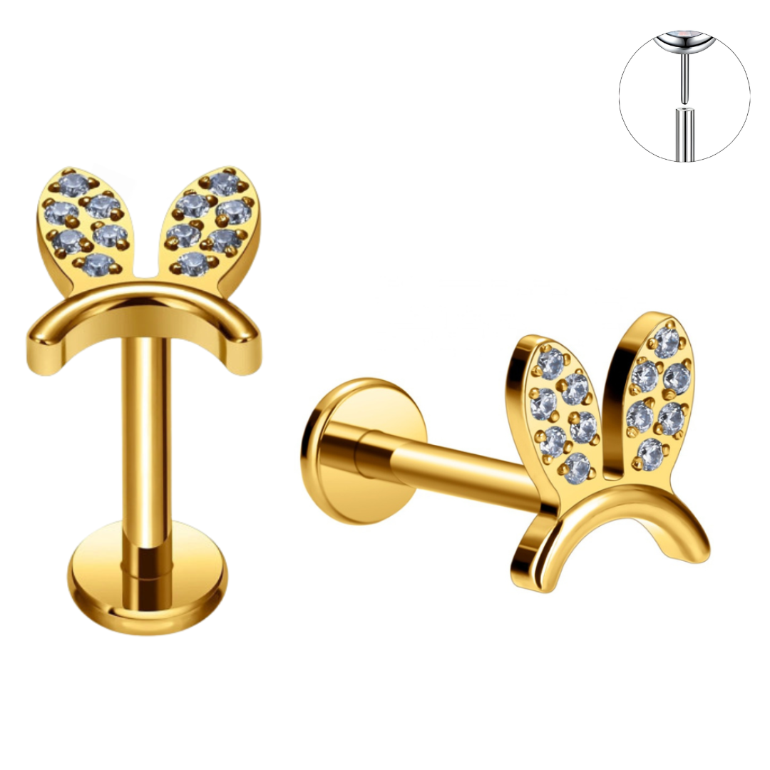 Gold Ion Plated Steel Threadless Push In CZ Bunny Ears Labret