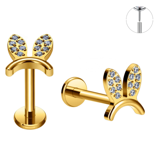 Gold Ion Plated Steel Threadless Push In CZ Bunny Ears Labret