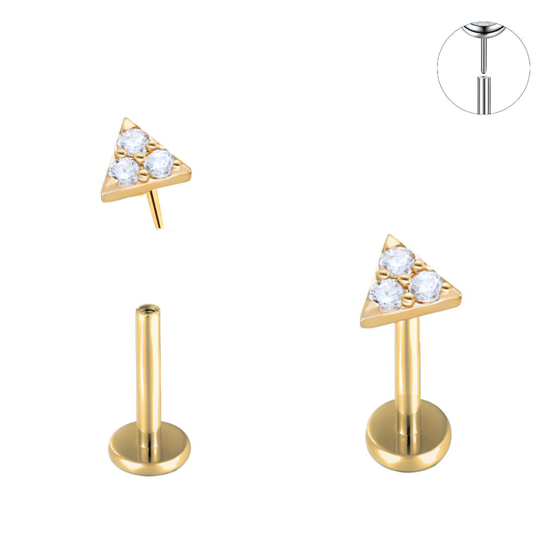 Gold Ion Plated Steel Threadless Push In Triangle CZ Tragus Labret