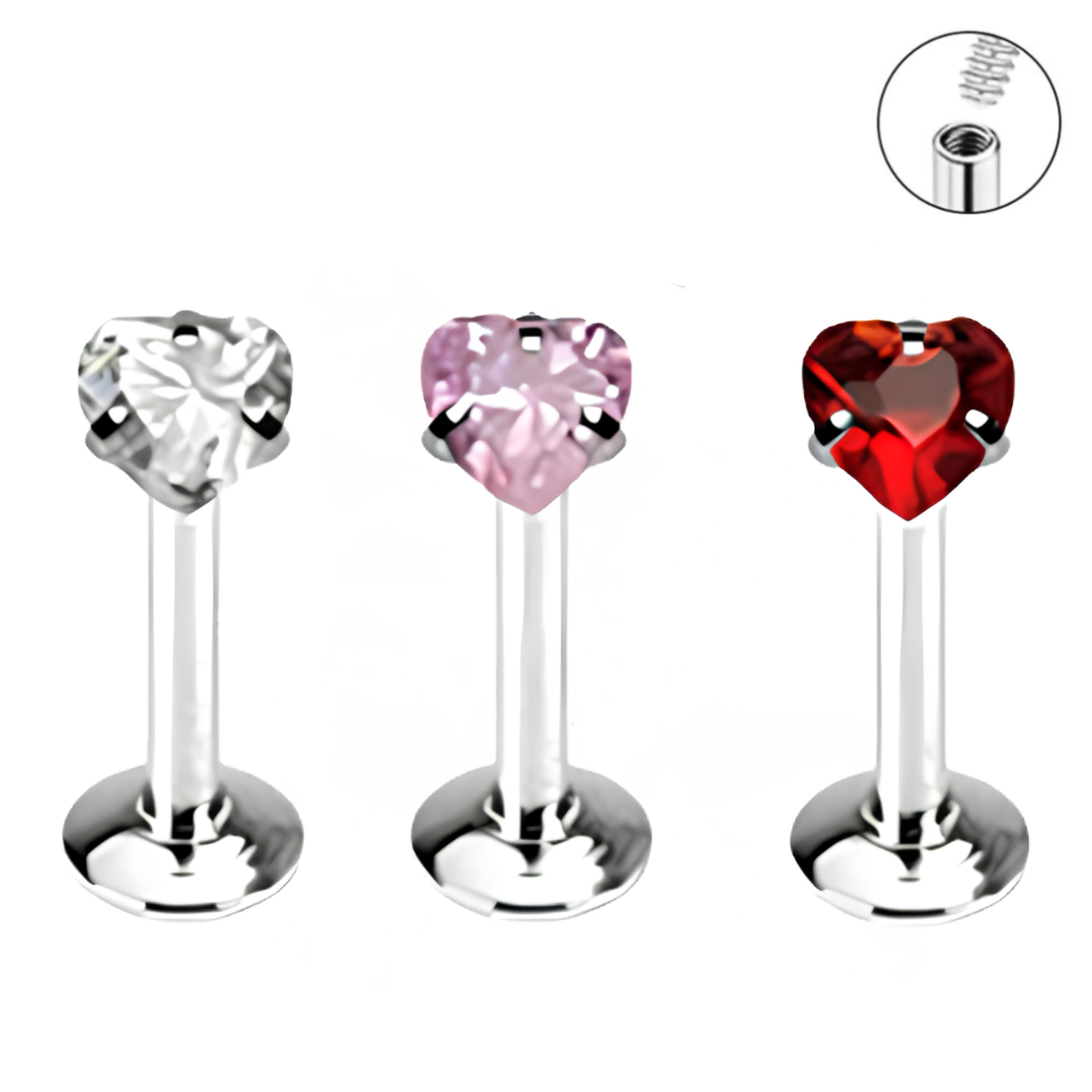 Internally Threaded Prong Set Heart CZ Labret Tragus