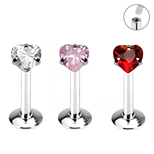Internally Threaded Prong Set Heart CZ Labret Tragus