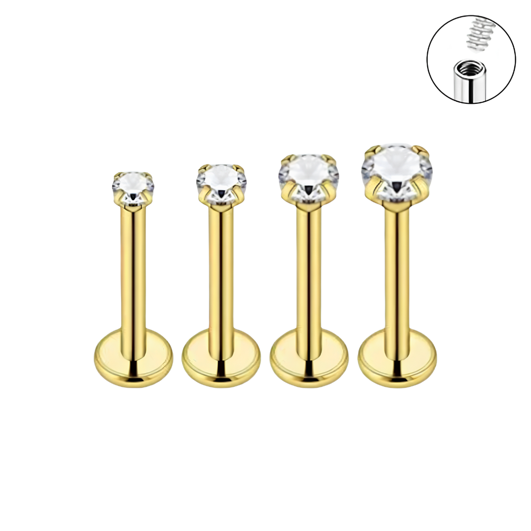 16G Gold Steel Internally Threaded CZ Prong Set Ion Plated Labret