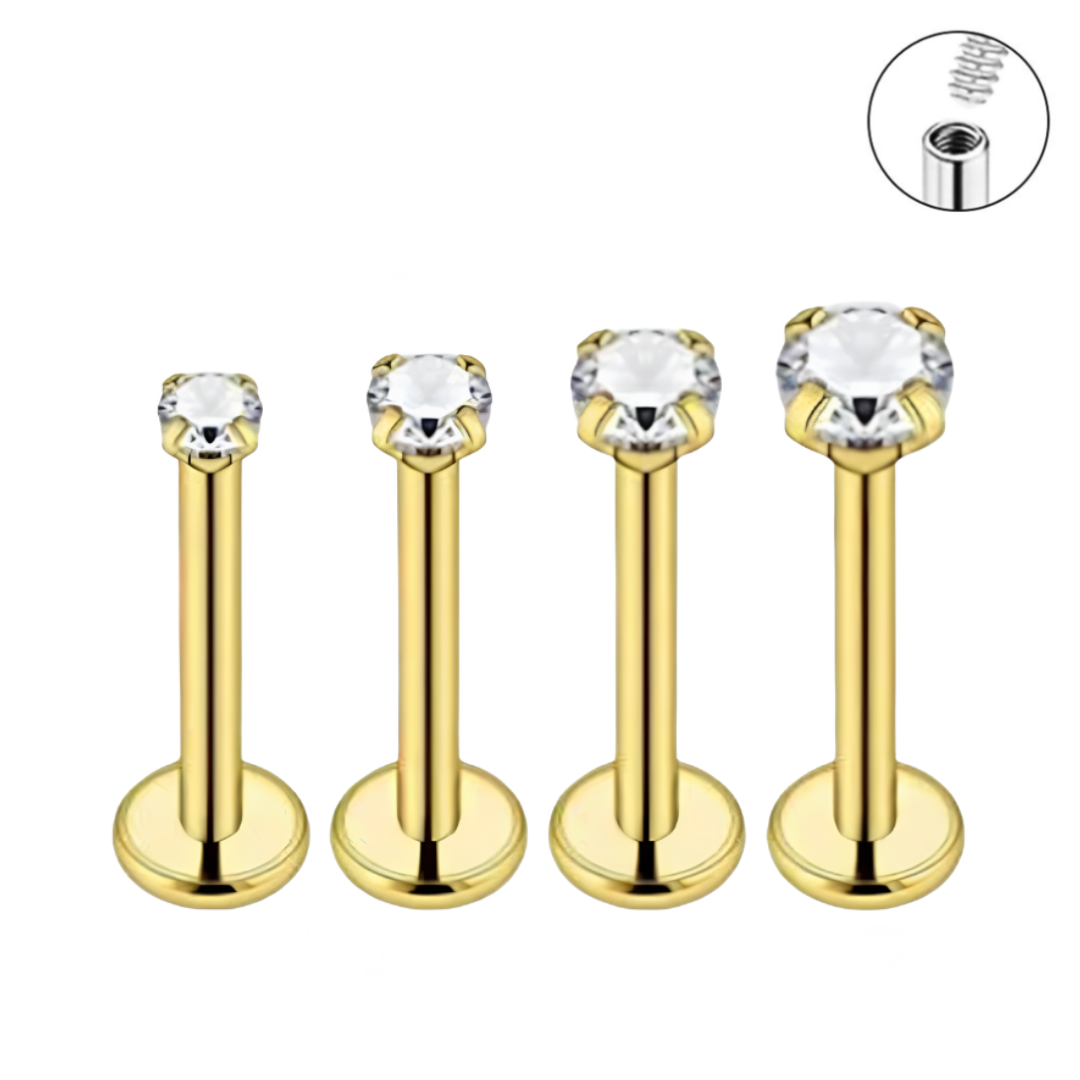 18G Gold Steel Internally Threaded CZ Prong Set Ion Plated Labret