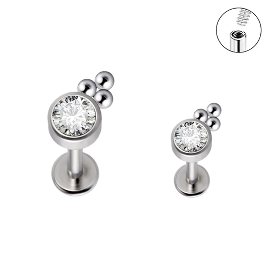 Steel Internally Threaded CZ Center 3 Beads Tragus Labret