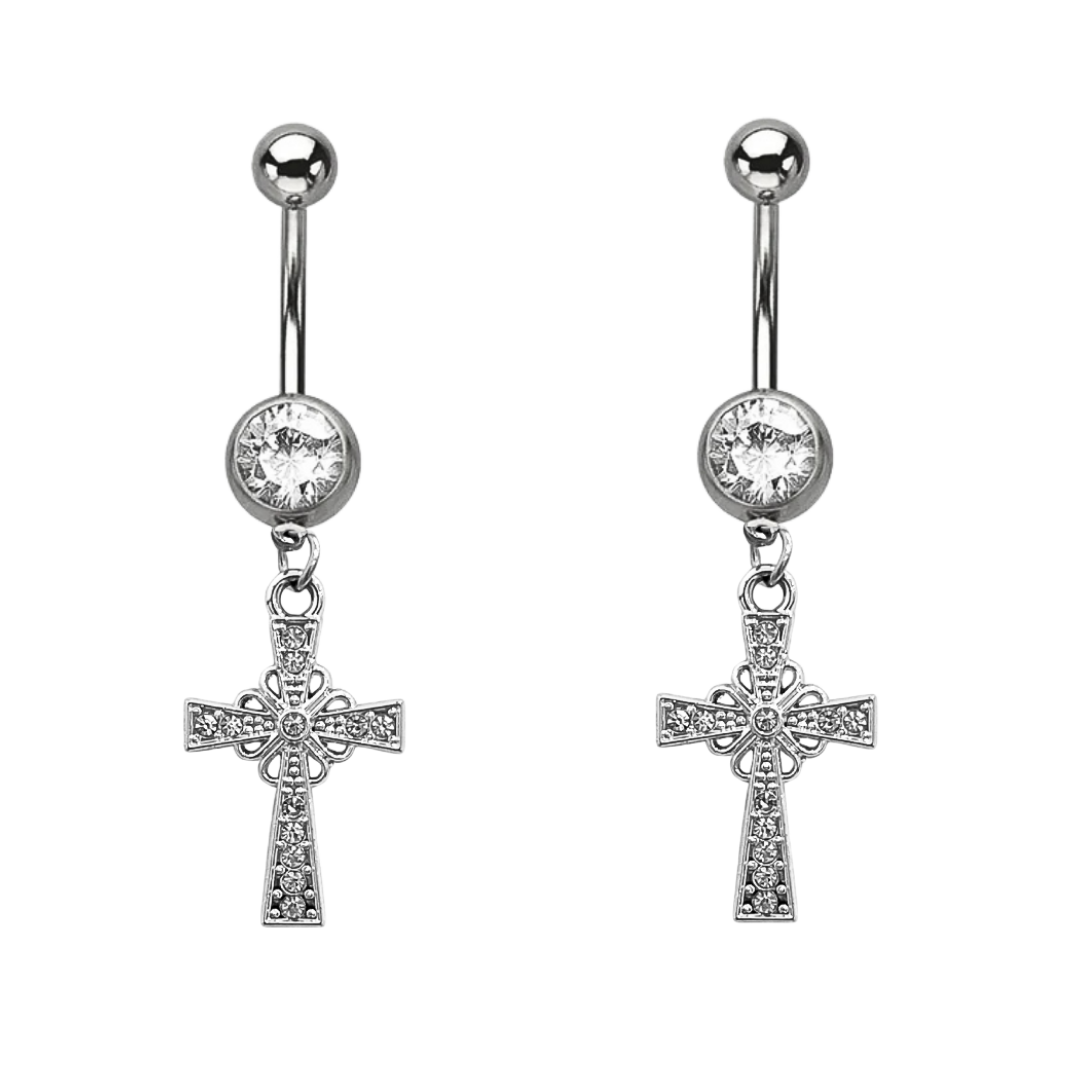 Paved CZ Fancy Cross Dangle Belly Ring