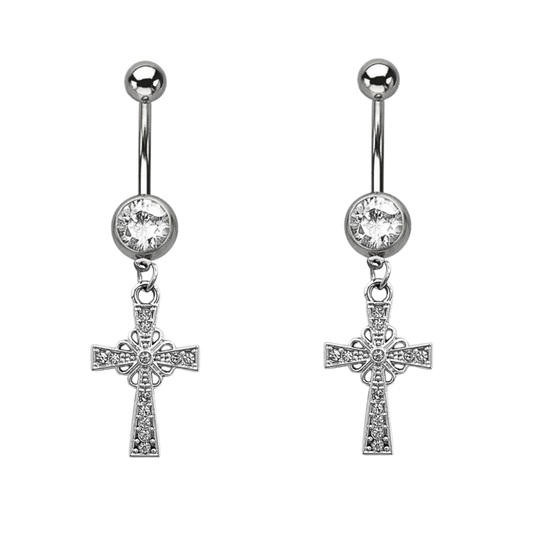 Paved CZ Fancy Cross Dangle Belly Ring