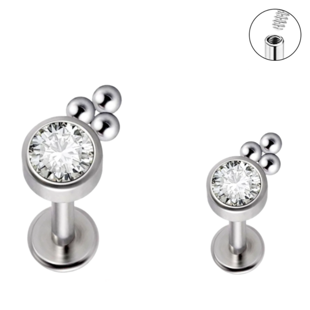 Steel Internally Threaded CZ Center 3 Beads Tragus Labret